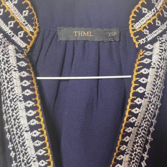 Anthropologie THML Chana Embroidered Dress, XSP, Navy Shift Tunic Lined V-Neck - Picture 4 of 8